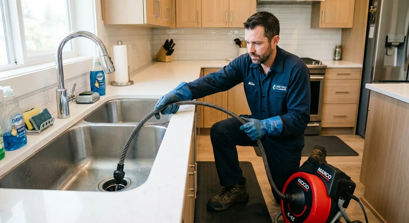 Drain cleaning technician using a motorized snake on a kitchen sink in Randolph