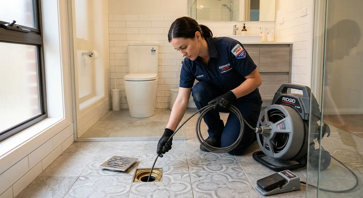 Technician clearing a bathroom floor drain for Drain Repair in Randolph
